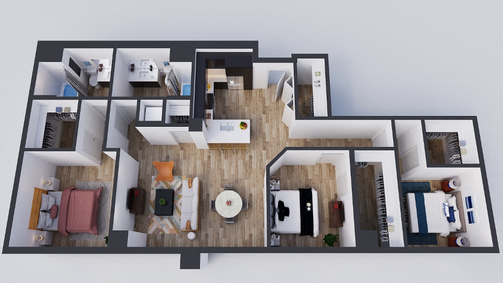 Floor plan for 3 beds, 2 baths, 1491 sqft